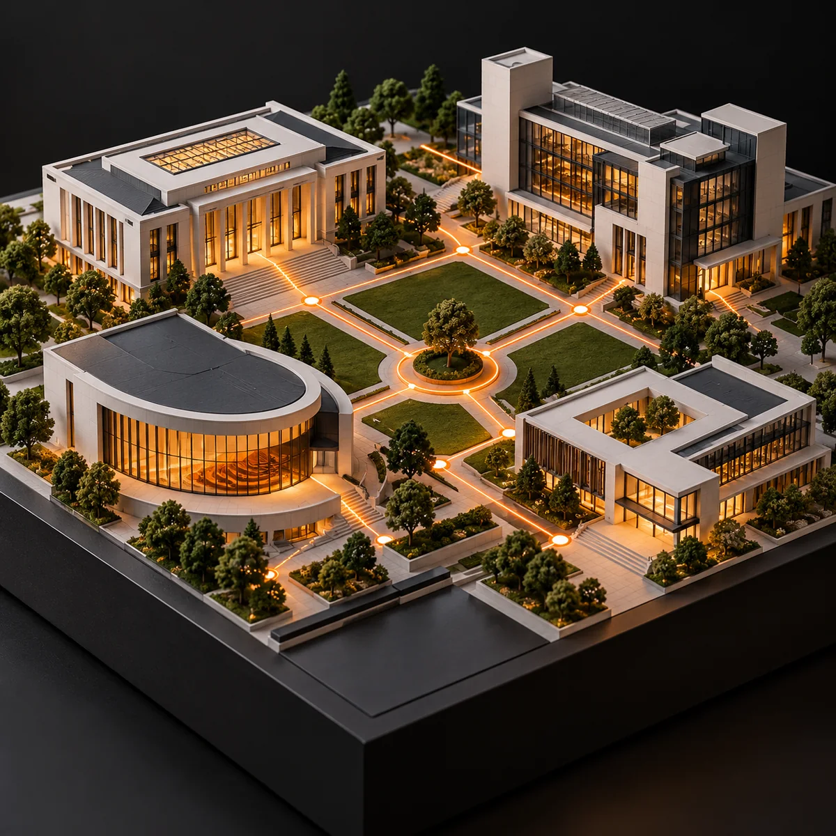 Architectural scale model of a university campus with a library, lecture hall and research buildings connected by glowing amber paths.
