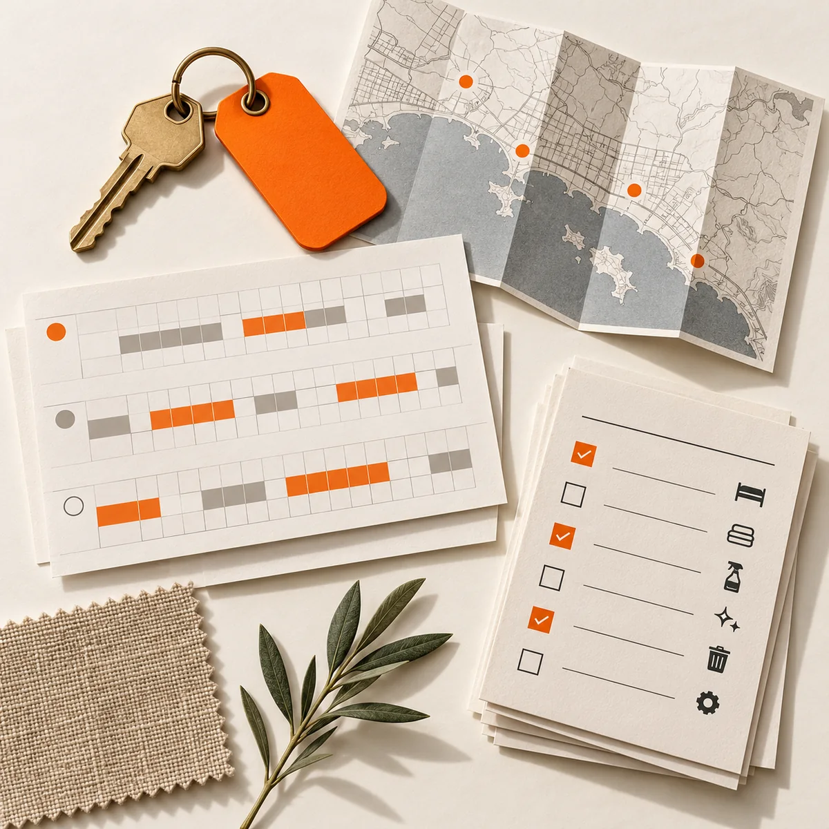 Top-down editorial arrangement of a vacation rental key, orange-tagged map, abstract booking calendar, and turnover checklist