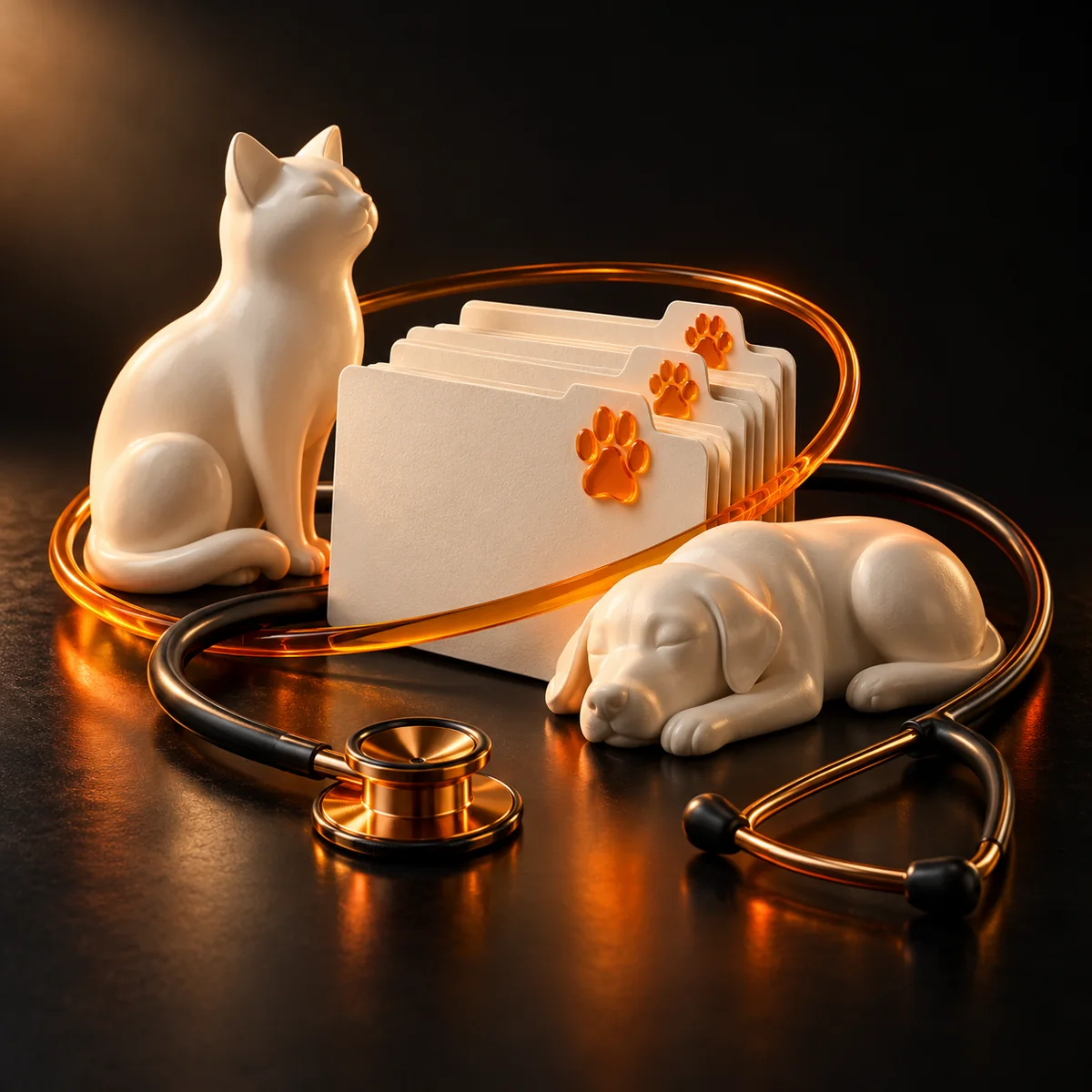 Sculpted porcelain cat and dog figures beside veterinary records marked with orange paw prints on a dark surface