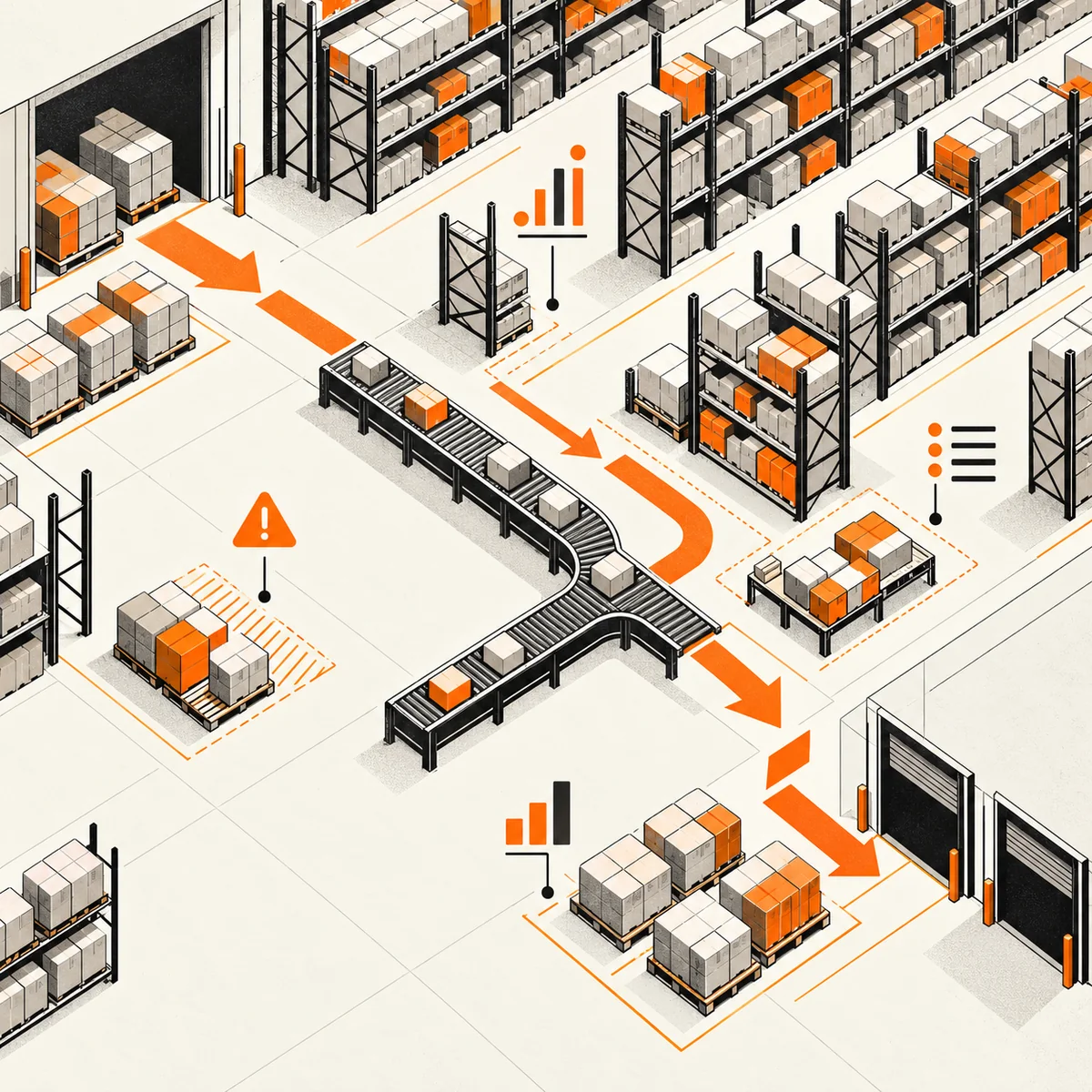 Printed technical illustration of warehouse aisles, pallets, conveyor flow, and orange operational markers