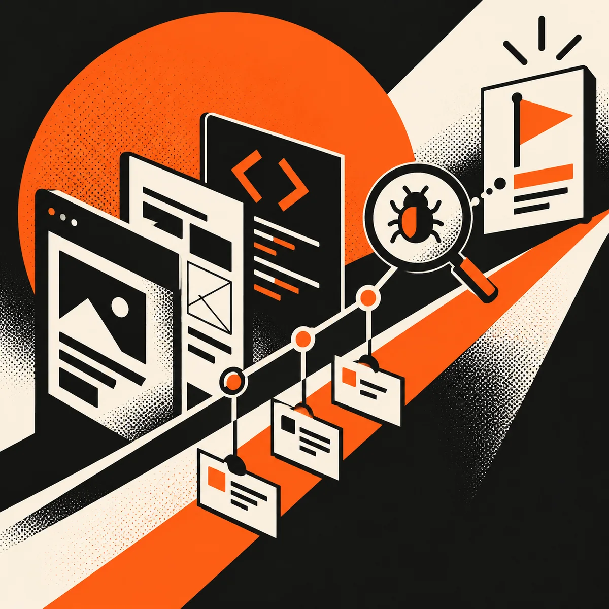 Bold orange, black, and cream poster showing website wireframes, code brackets, a QA magnifier, and a project milestone path