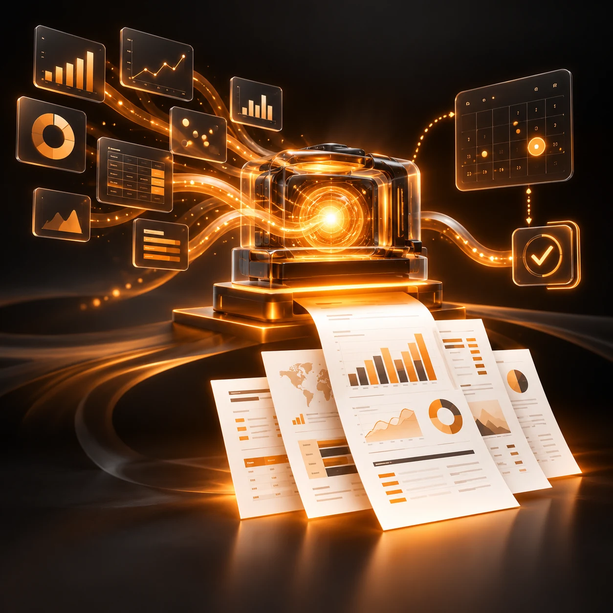 Glowing orange AI reporting engine assembling charts, data tables, and recurring business reports