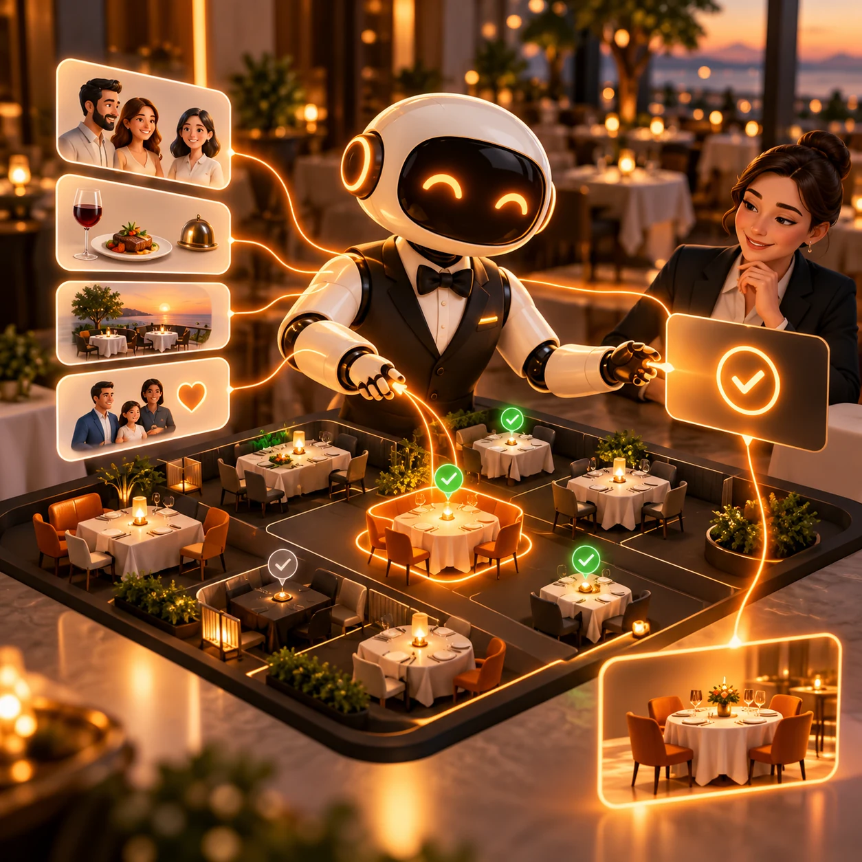 Orange AI reservation management concierge coordinating tables, guest preferences, availability, and human-approved confirmations