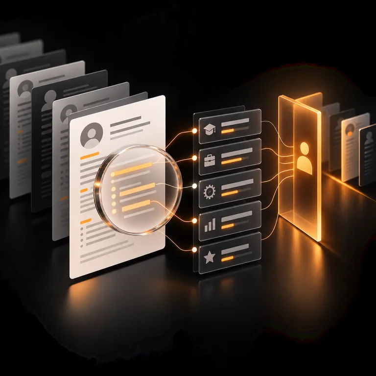 Abstract resume document sheets, qualification blocks, a transparent review lens, evidence connections, and an amber human-review gate
