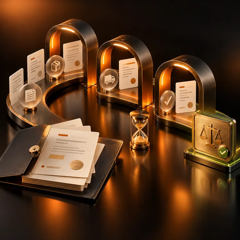 Contract folder and delivery milestones moving through amber review arches toward a balanced accounting tile