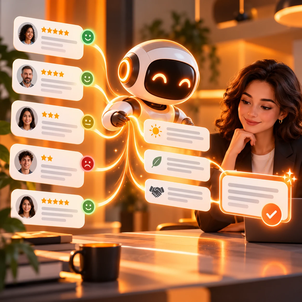 Orange AI review response assistant organizing customer ratings, sentiment, brand voice options, and human-approved replies