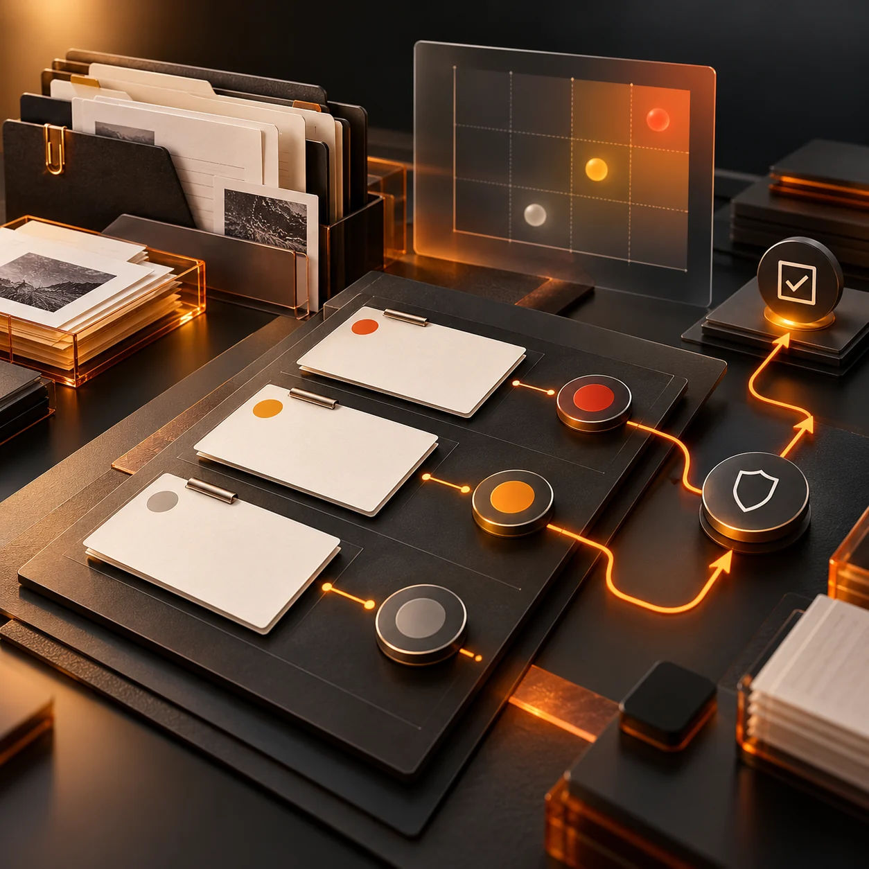 Abstract risk assessment drafting workspace with blank risk cards, impact matrix, evidence folders, and orange mitigation paths