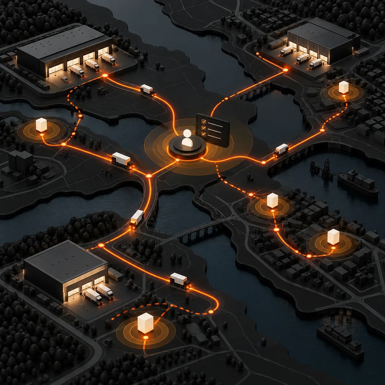 Abstract logistics map with orange route paths, warehouse hubs, delivery stops, time-window rings, and a human approval checkpoint