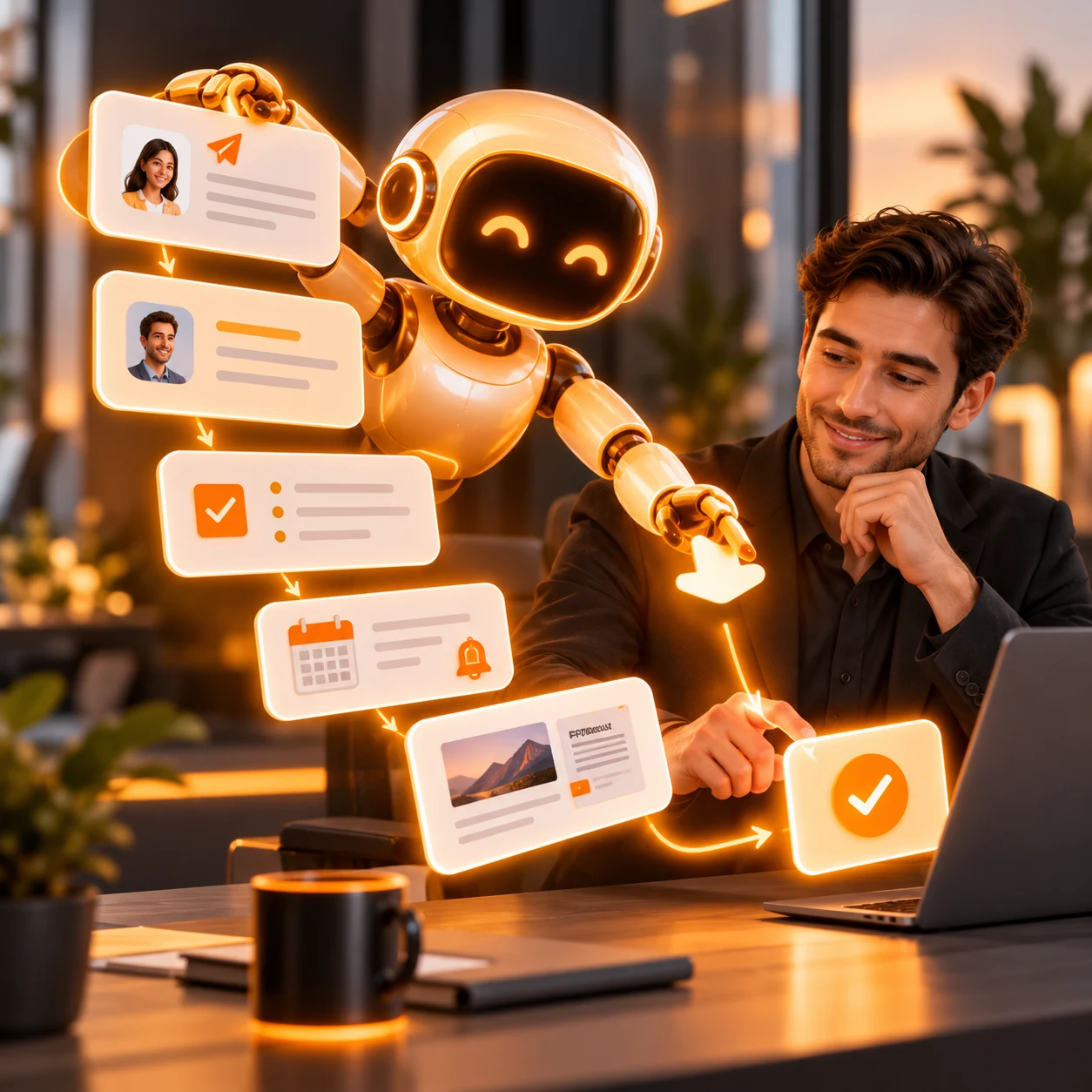 Orange AI sales follow-up assistant organizing meeting commitments, personalized messages, deal tasks, reminders, and human approval