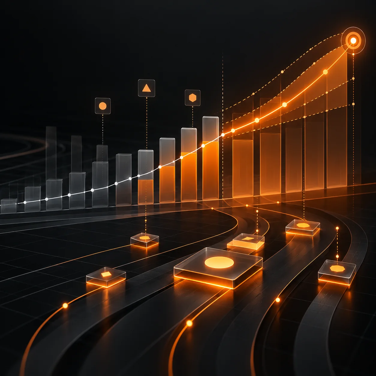 Abstract sales forecasting workspace with pipeline columns, orange projection curve, confidence bands, signal markers, and scenario paths