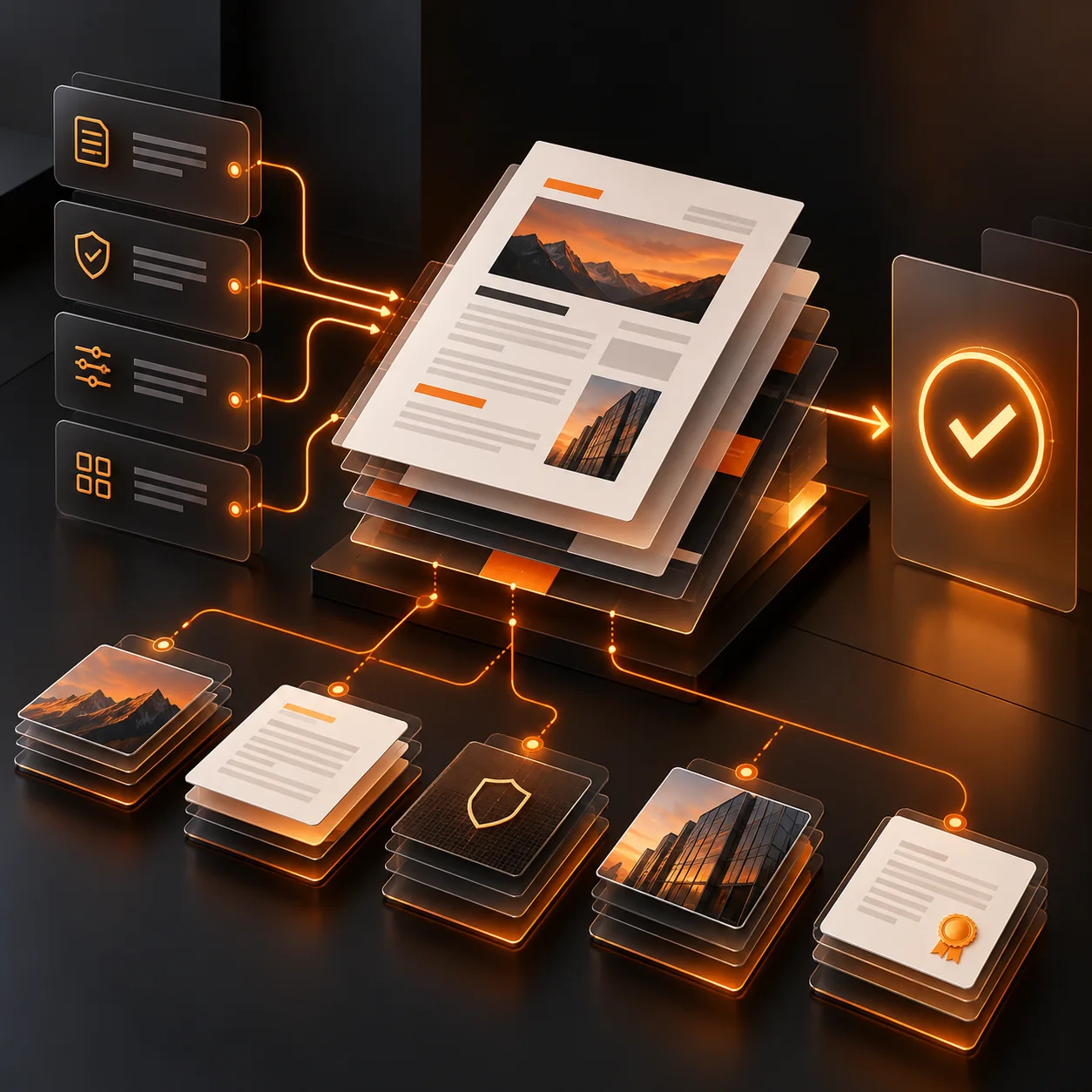Abstract sales proposal studio with modular proposal pages, requirement cards, evidence tiles, orange assembly paths, and a human approval seal