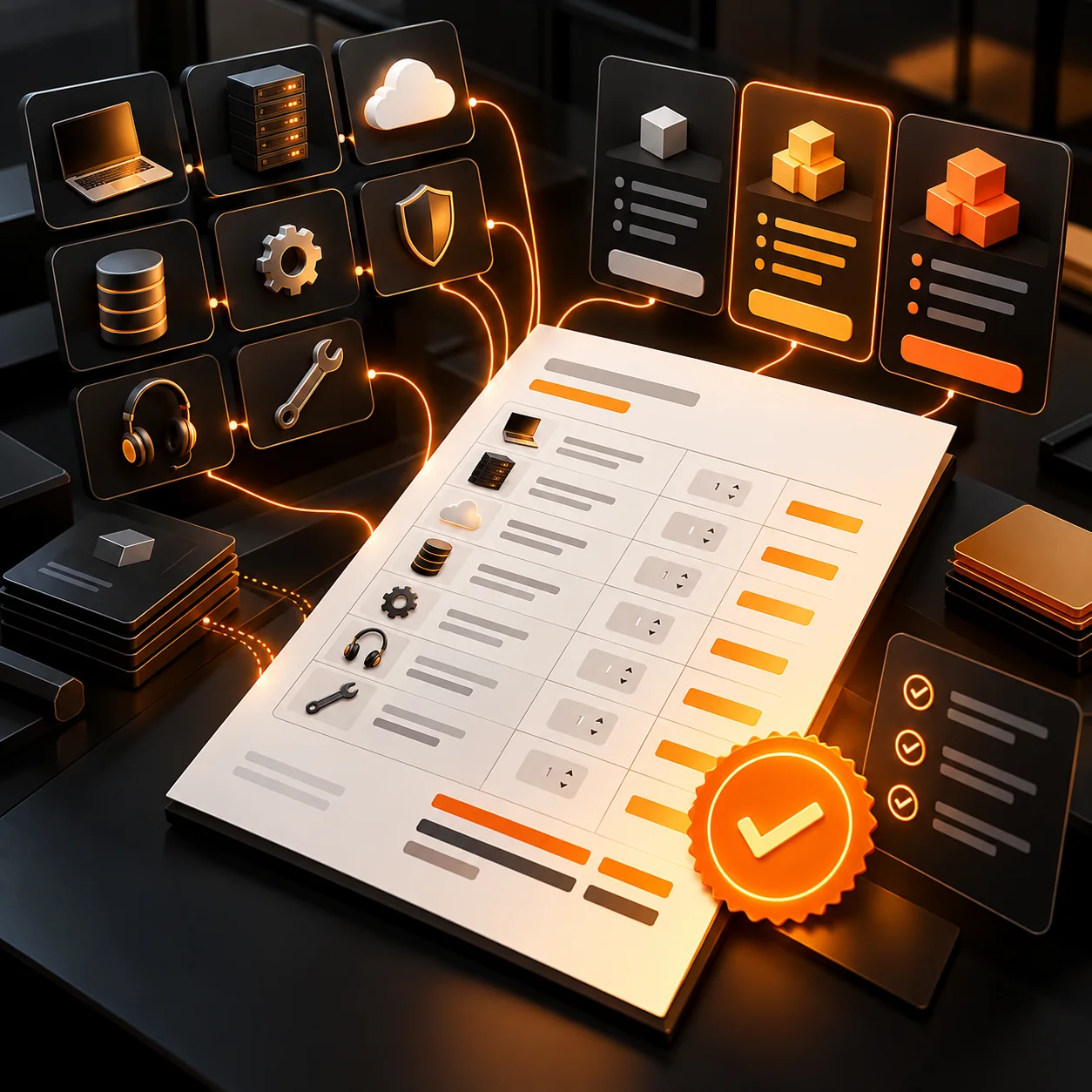 Abstract sales quote workspace with product and service tiles, configurable package cards, line-item sheet, orange pricing paths, and an approval seal