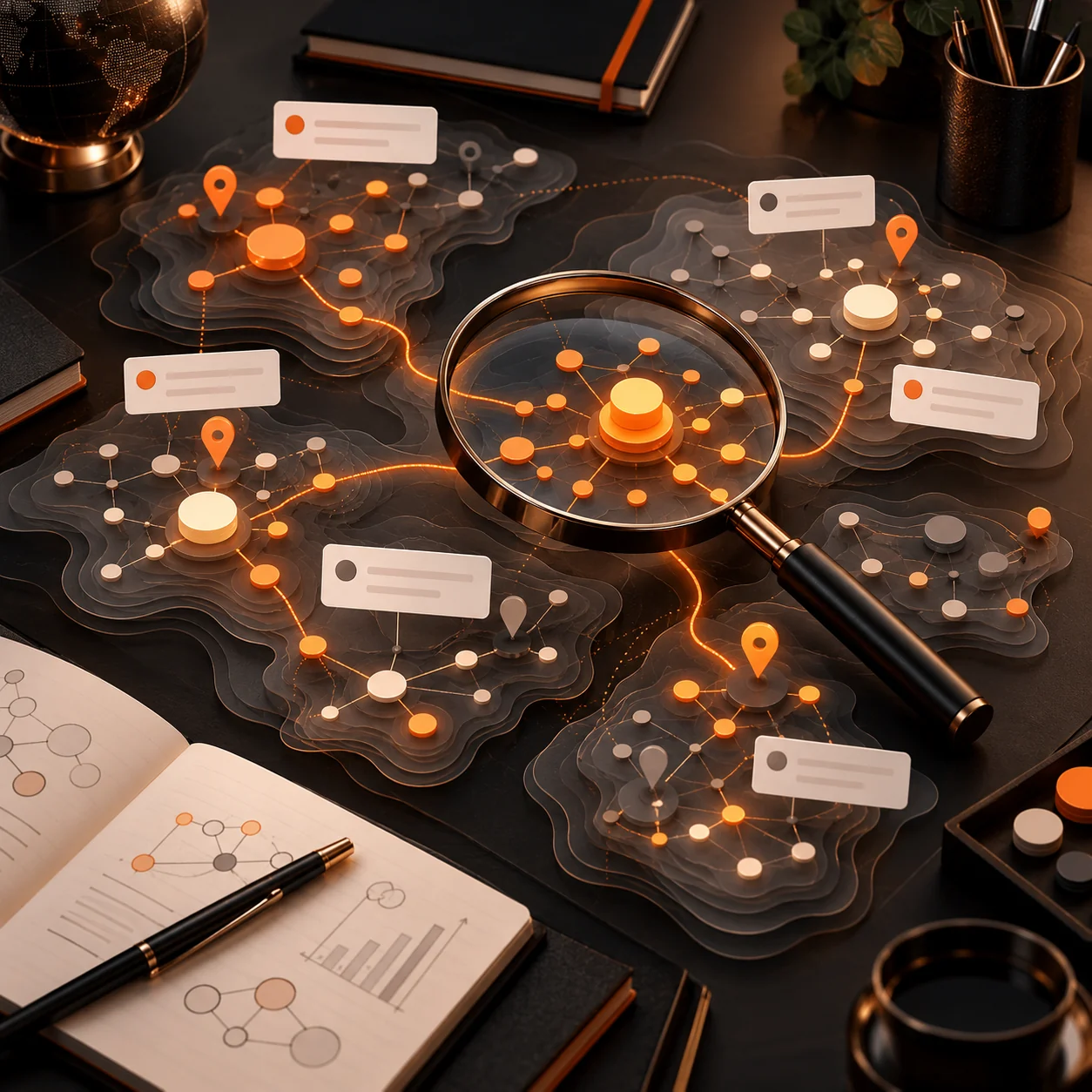 Abstract SEO keyword research map with topic clusters, magnifying glass, search markers, and orange opportunity paths