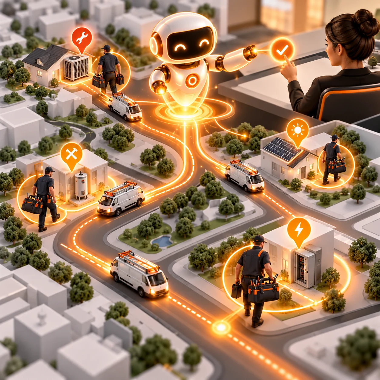 Orange AI service dispatch coordinator routing field technicians, service vans, job priorities, and human-approved work assignments across a neighborhood map