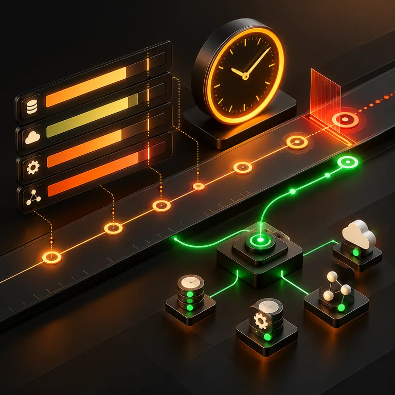 Abstract service deadline rings, SLA timeline, amber clock, status bars, connected support nodes, and a green intervention path