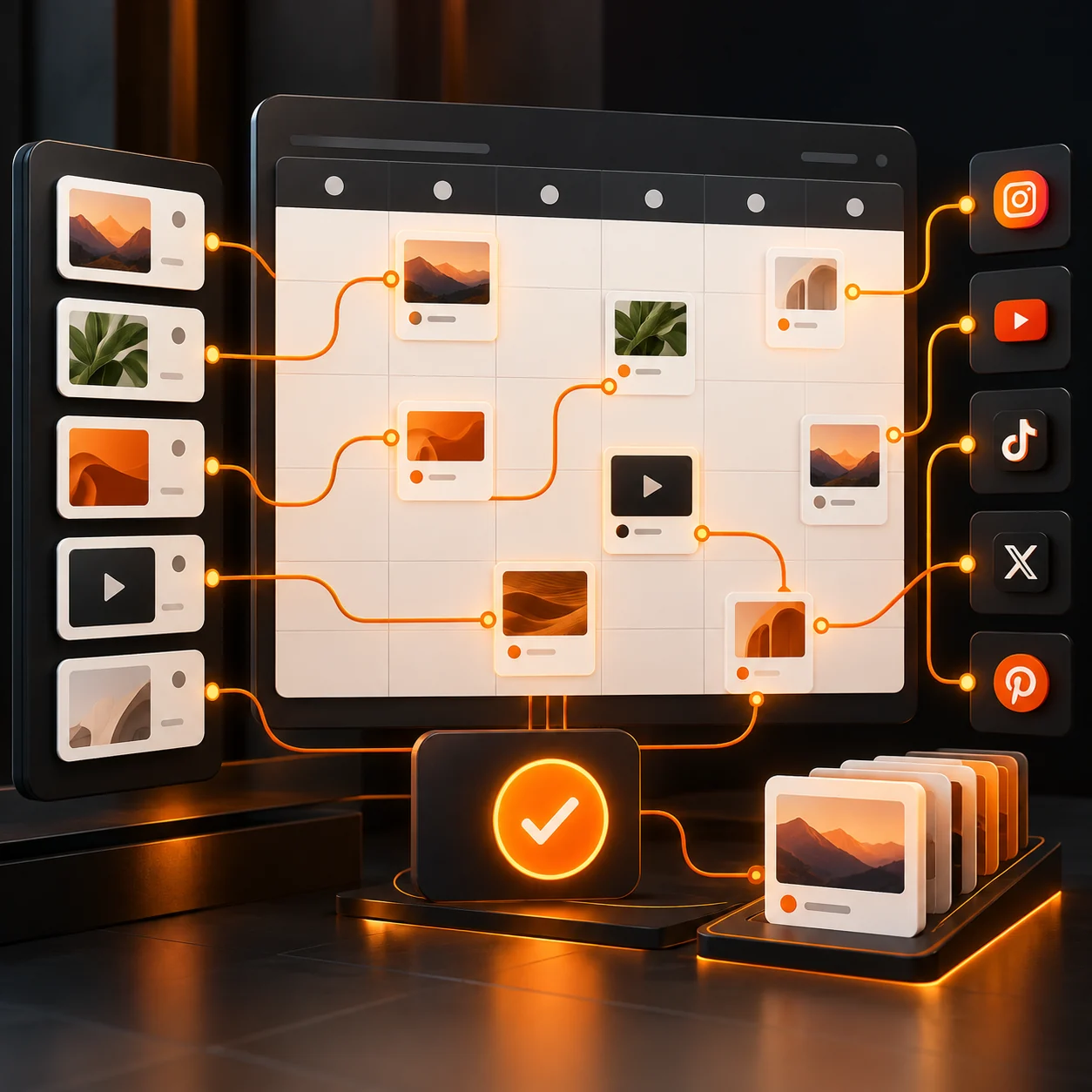 Abstract social media scheduling calendar with content cards, channel markers, orange publishing routes, and a human approval checkpoint