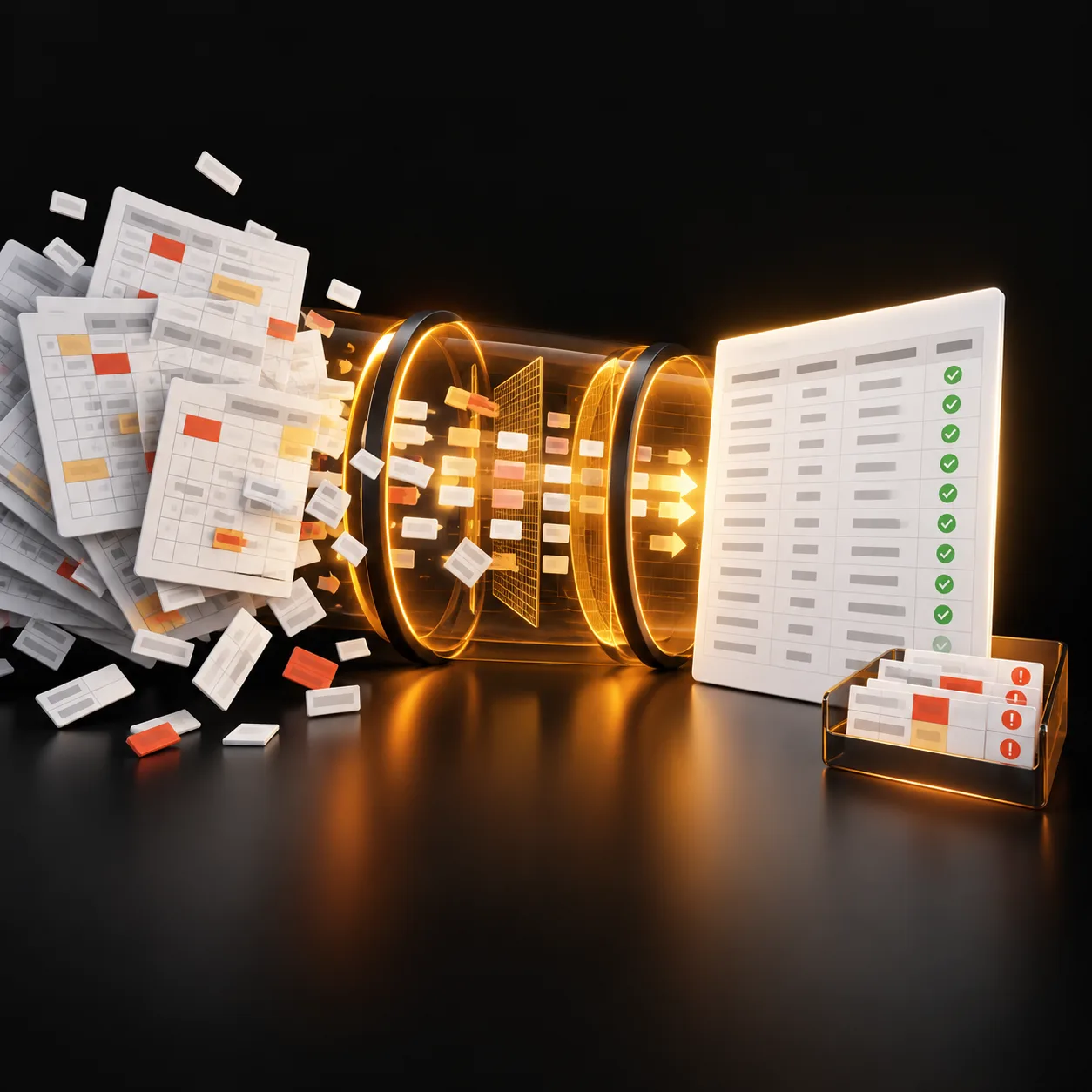Abstract spreadsheet cleanup workflow transforming messy sheets into an aligned clean table with reviewed exceptions