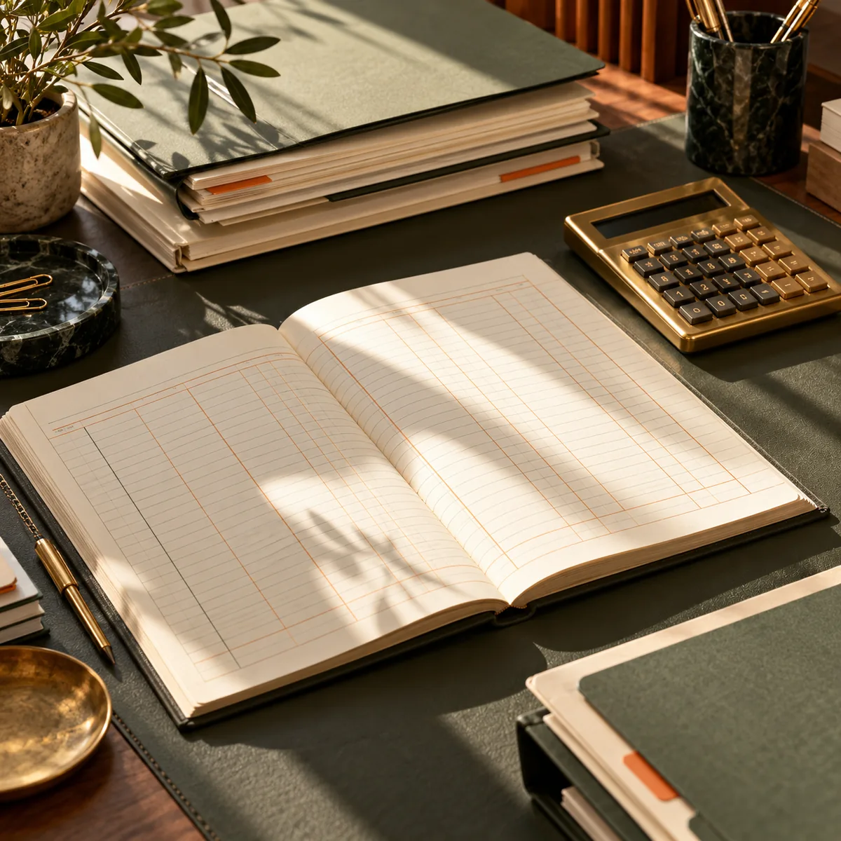 Open accounting ledger, brass calculator, and organized client folders in warm afternoon light.