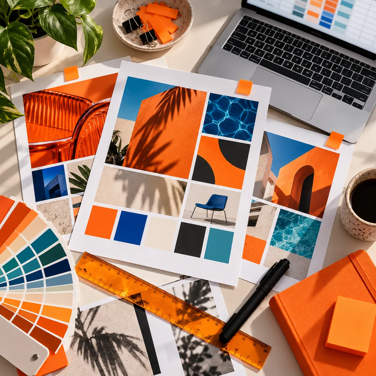 Overhead view of a creative agency worktable with campaign proof sheets, color swatches, orange tabs, and a laptop.