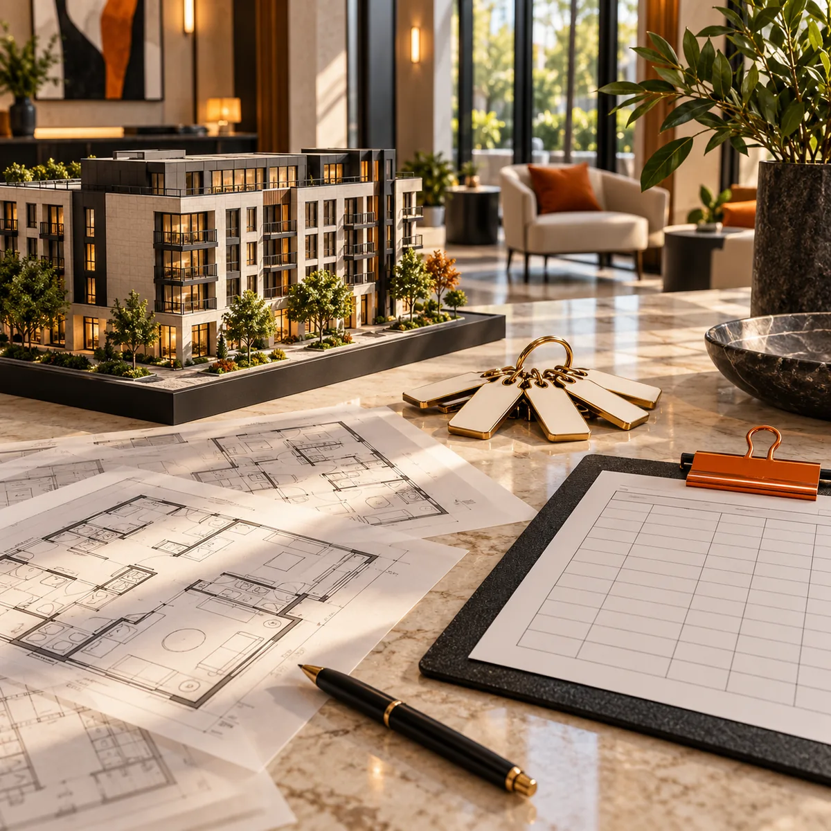 Apartment building model, blank unit key tags, floor plans, and an operations grid in a sunlit leasing lobby.