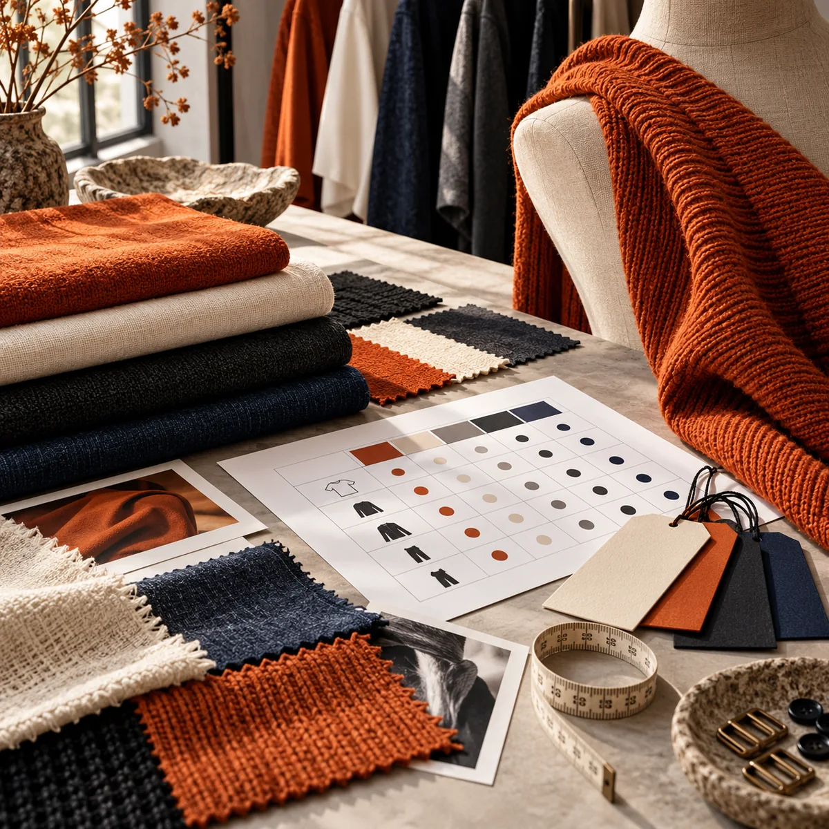 Folded apparel swatches, garment tags, and a clean style-color-size matrix on a fashion studio table.