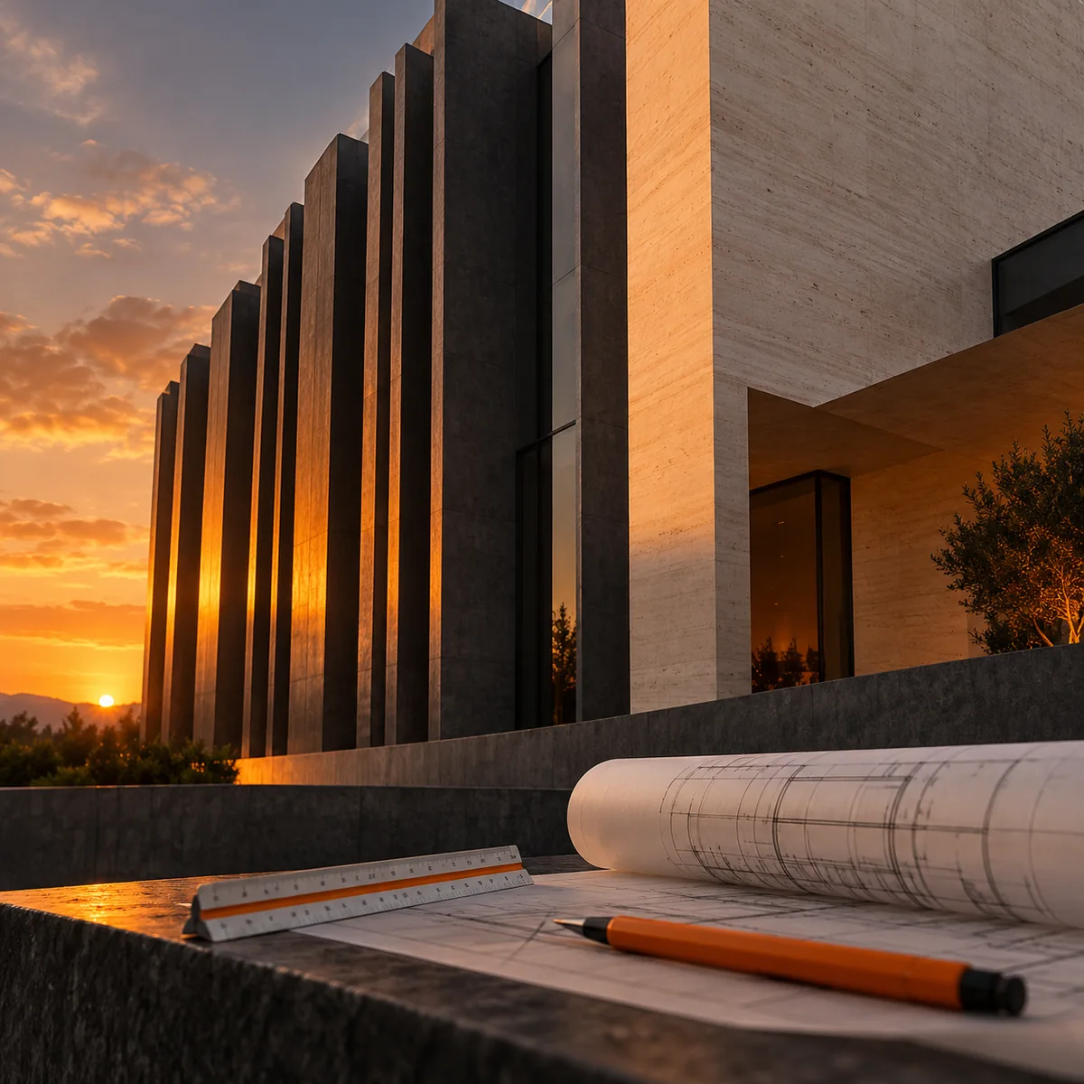 Contemporary architectural facade at sunset, with a rolled drawing, scale ruler, and orange drafting marker in the foreground.