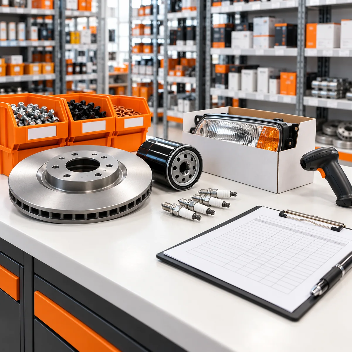 Auto parts counter with brake rotor, oil filter, spark plugs, orange inventory bins, and a blank stock worksheet.