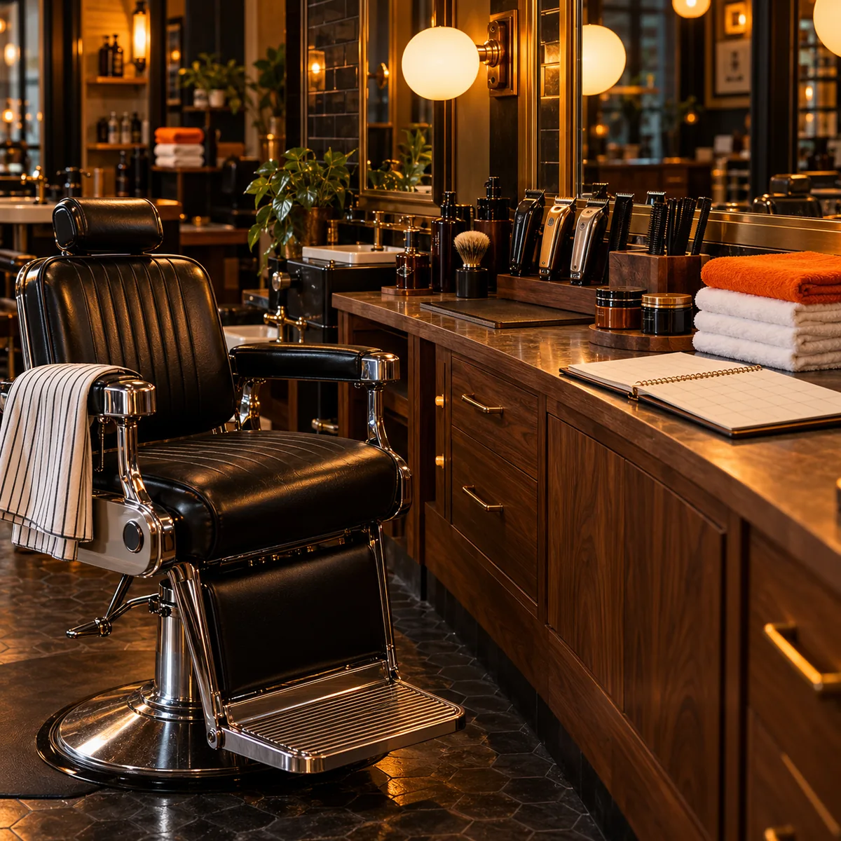 Black leather barber chair, clippers, orange towel, and blank appointment ledger in a warm neighborhood shop.
