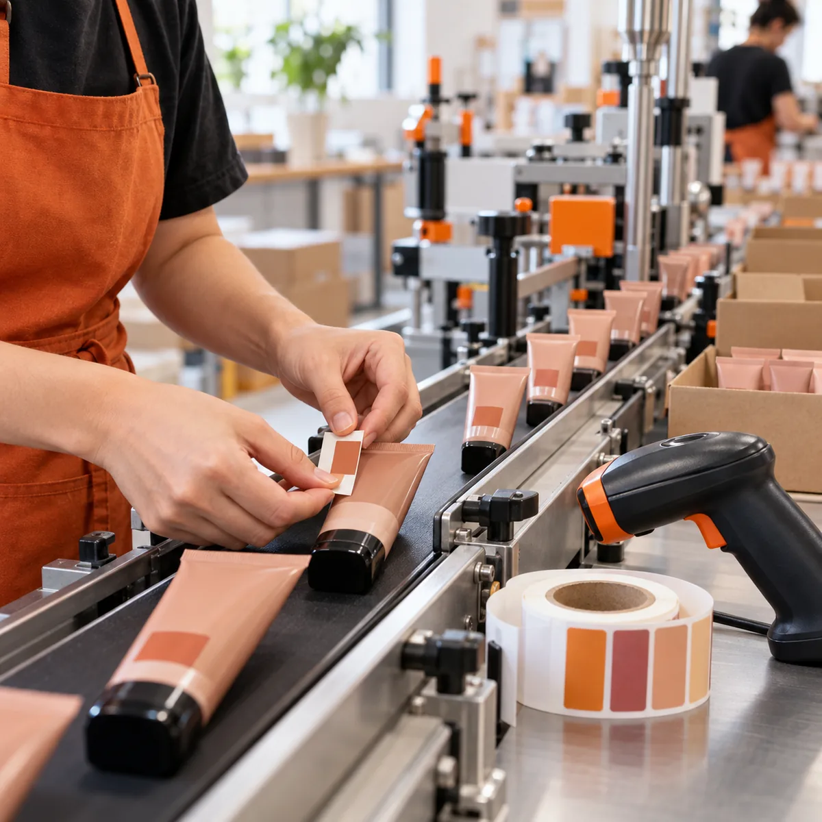 Worker labels cosmetic shade variants on a small packaging line beside a barcode scanner and a roll of color-coded labels.