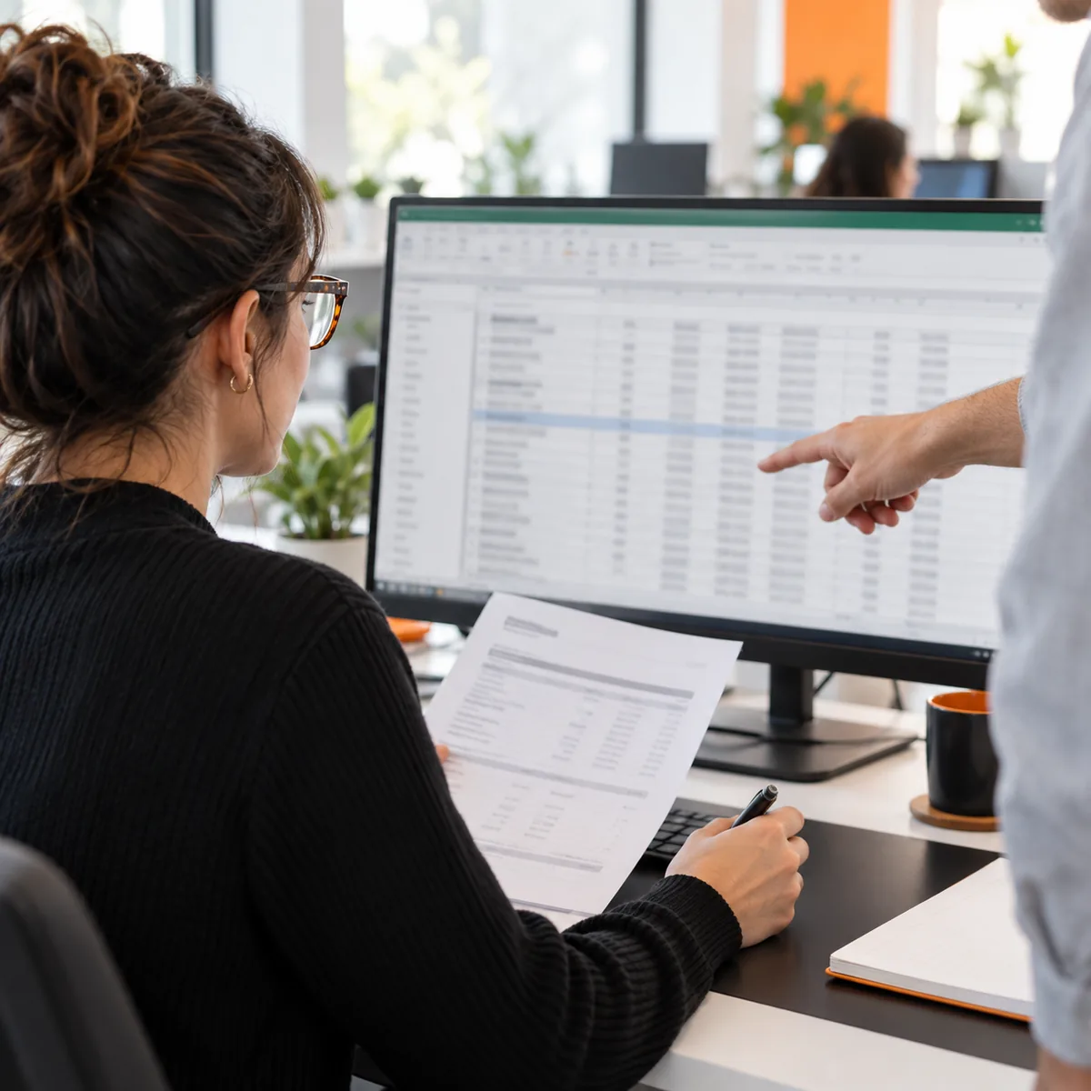 Bookkeeper and colleague review a client spreadsheet together at a desktop monitor, comparing rows with a printed source statement.
