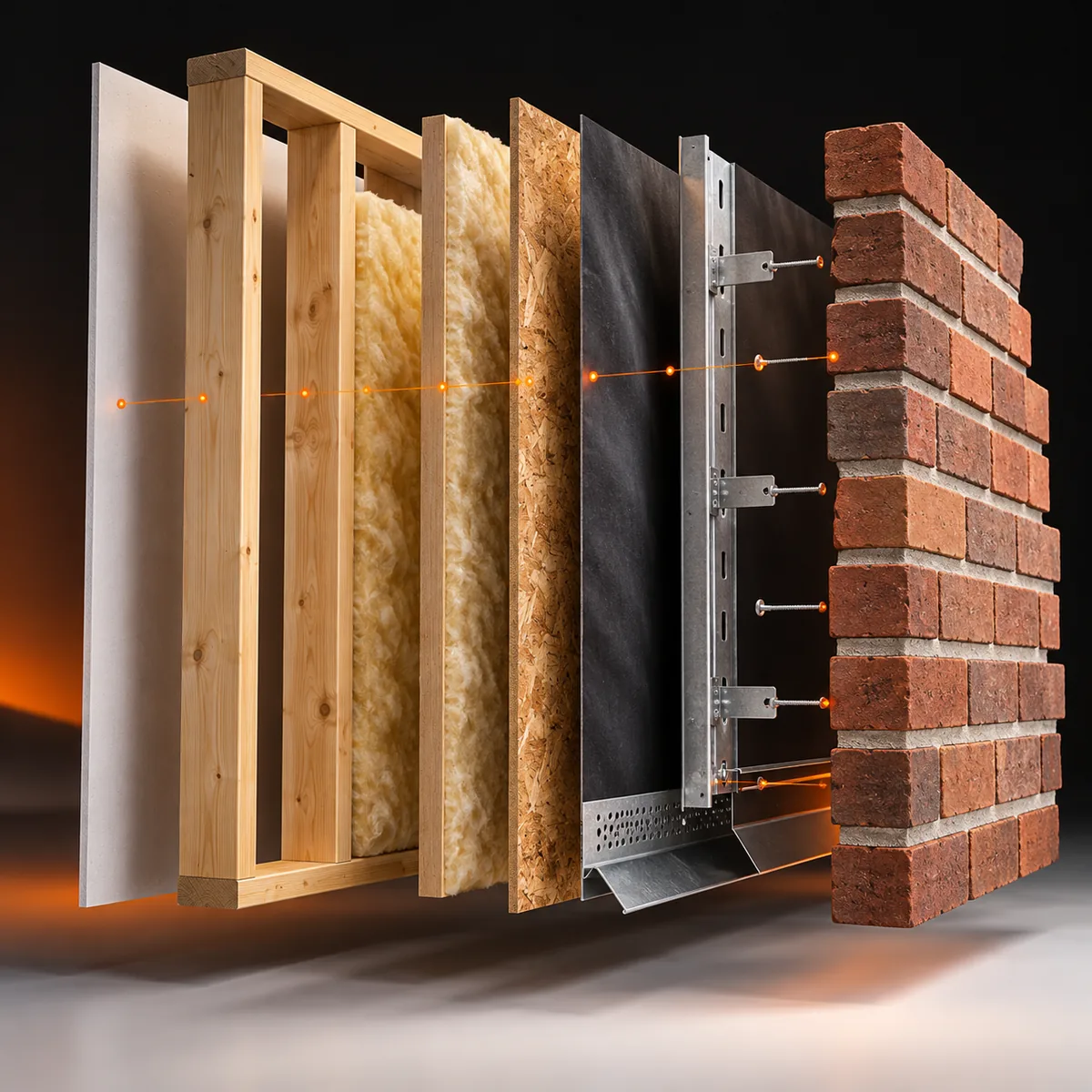 Exploded architectural wall section showing timber framing, insulation, sheathing, flashing, fasteners, and brick cladding.