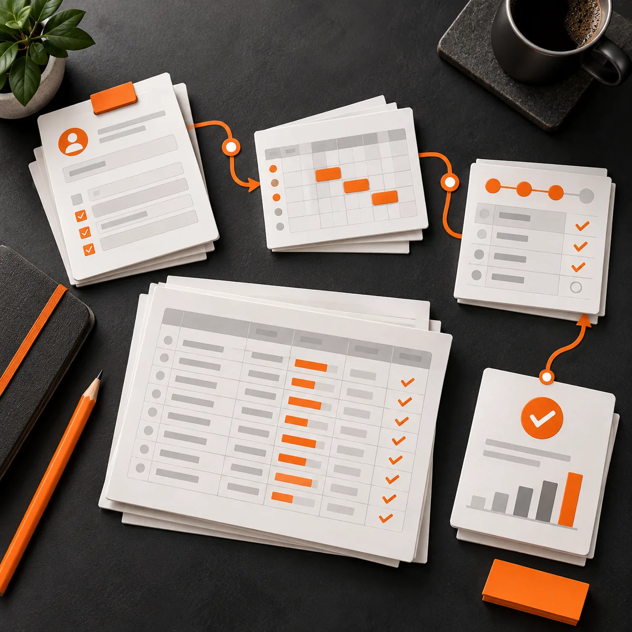Overhead editorial still life of coaching intake sheets, a cohort schedule, client milestone cards, and orange journey markers on a charcoal desk.