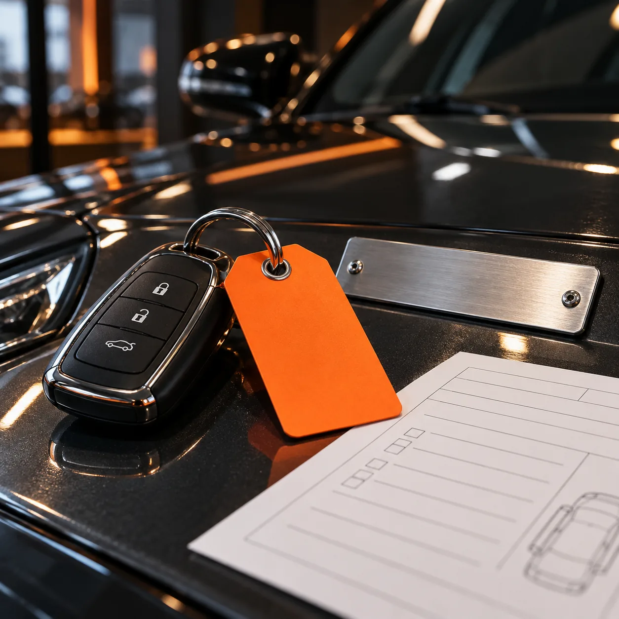 Close-up of a black vehicle key fob and orange inventory tag beside an unfilled vehicle information slip in a dark dealership showroom.