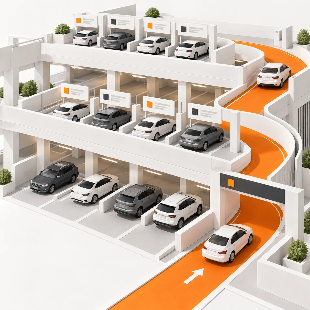 Bright isometric miniature of a multi-level rental fleet parking structure with generic cars and a vivid orange return lane.