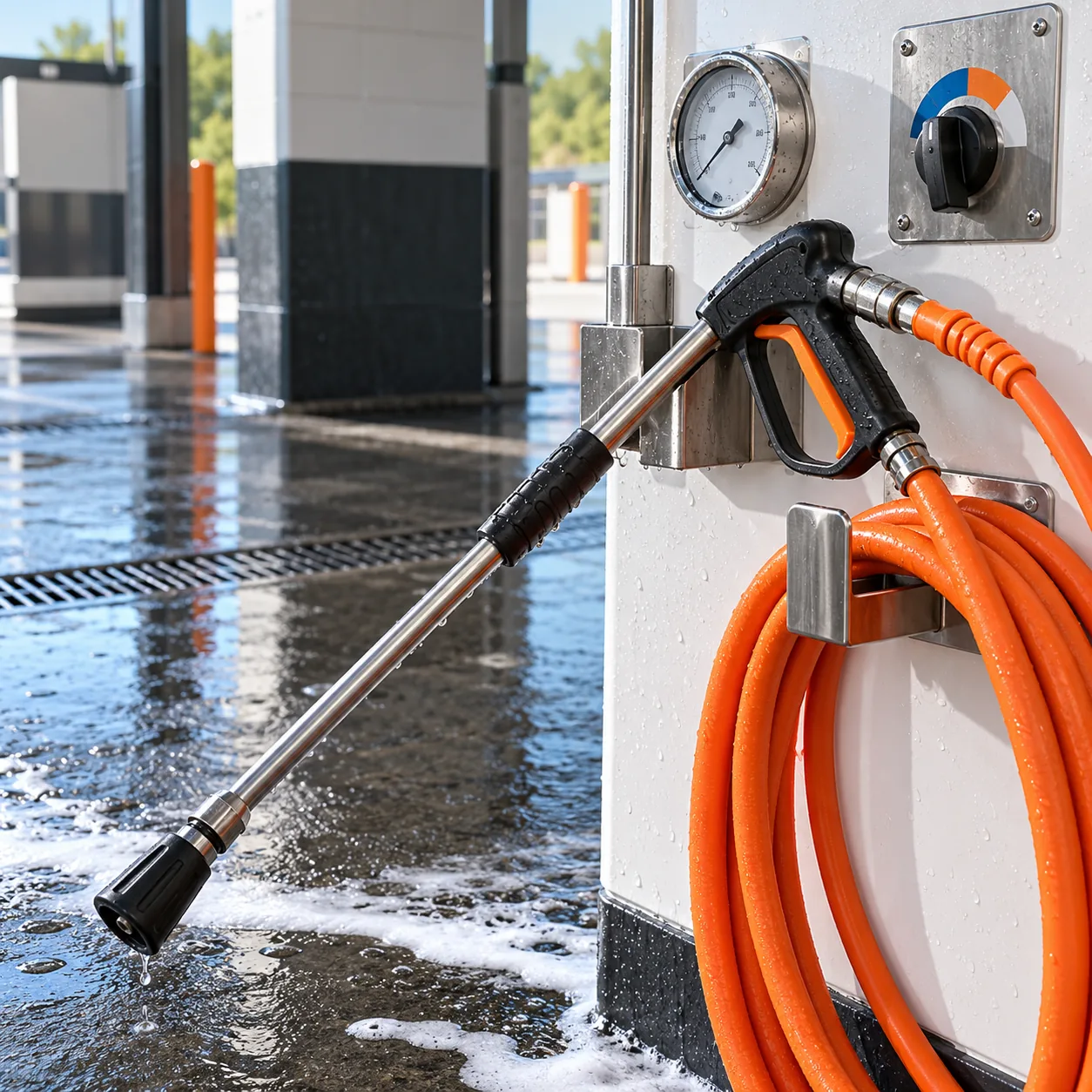 Close-up of a self-serve car wash pressure wand, orange hose, stainless pressure gauge, and wet bay floor.