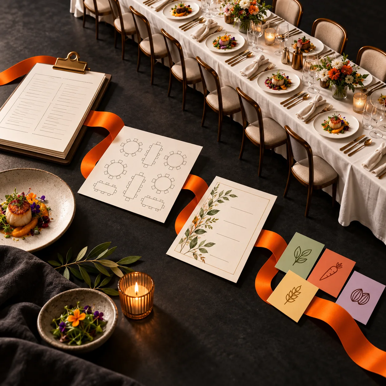 A long banquet table beside event order sheets, a seating plan, and color-coded dietary cards on a charcoal tabletop.