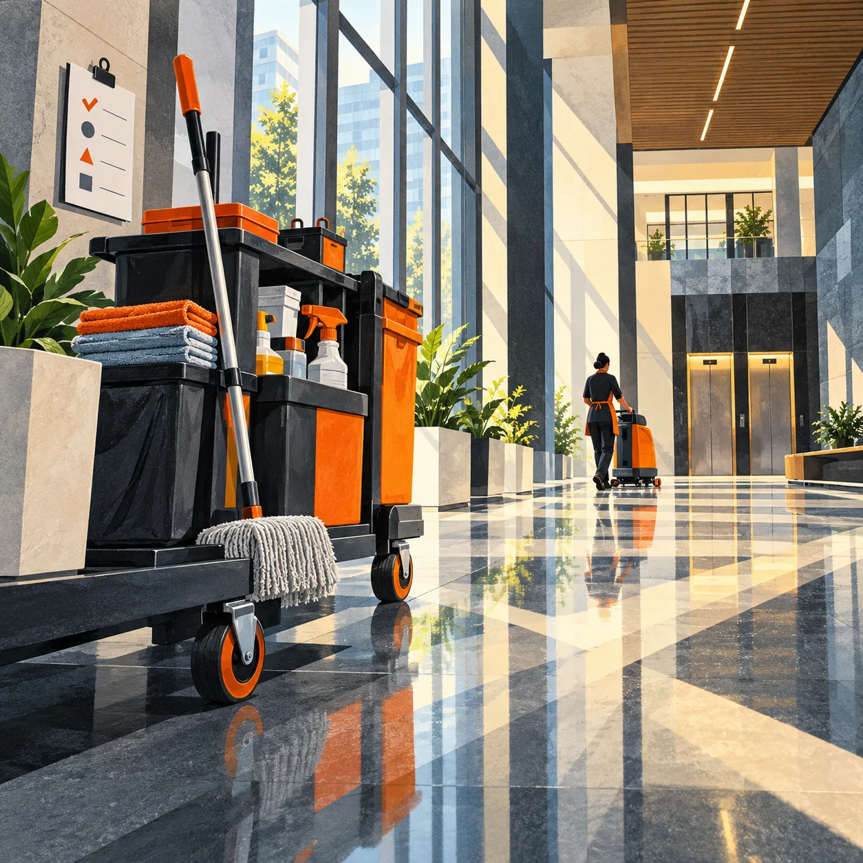 Editorial illustration of a commercial cleaner and orange-accented trolley crossing a sunlit office atrium with a blank inspection card.