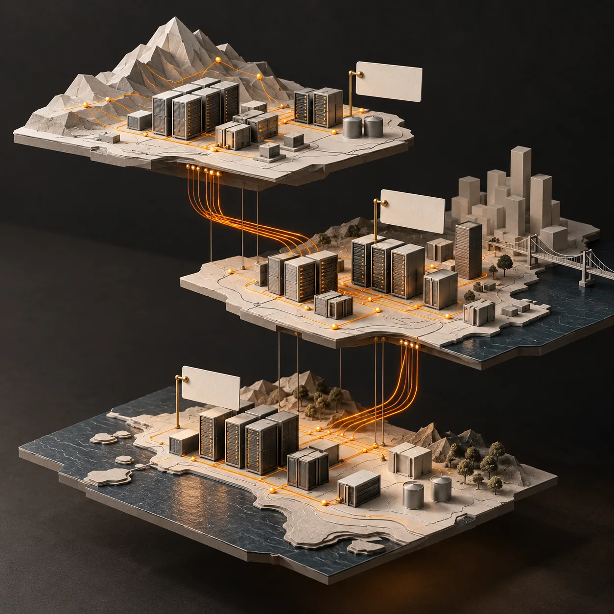 Layered editorial maquette of multi-region cloud infrastructure with server racks, orange fiber paths, and blank resource cards.