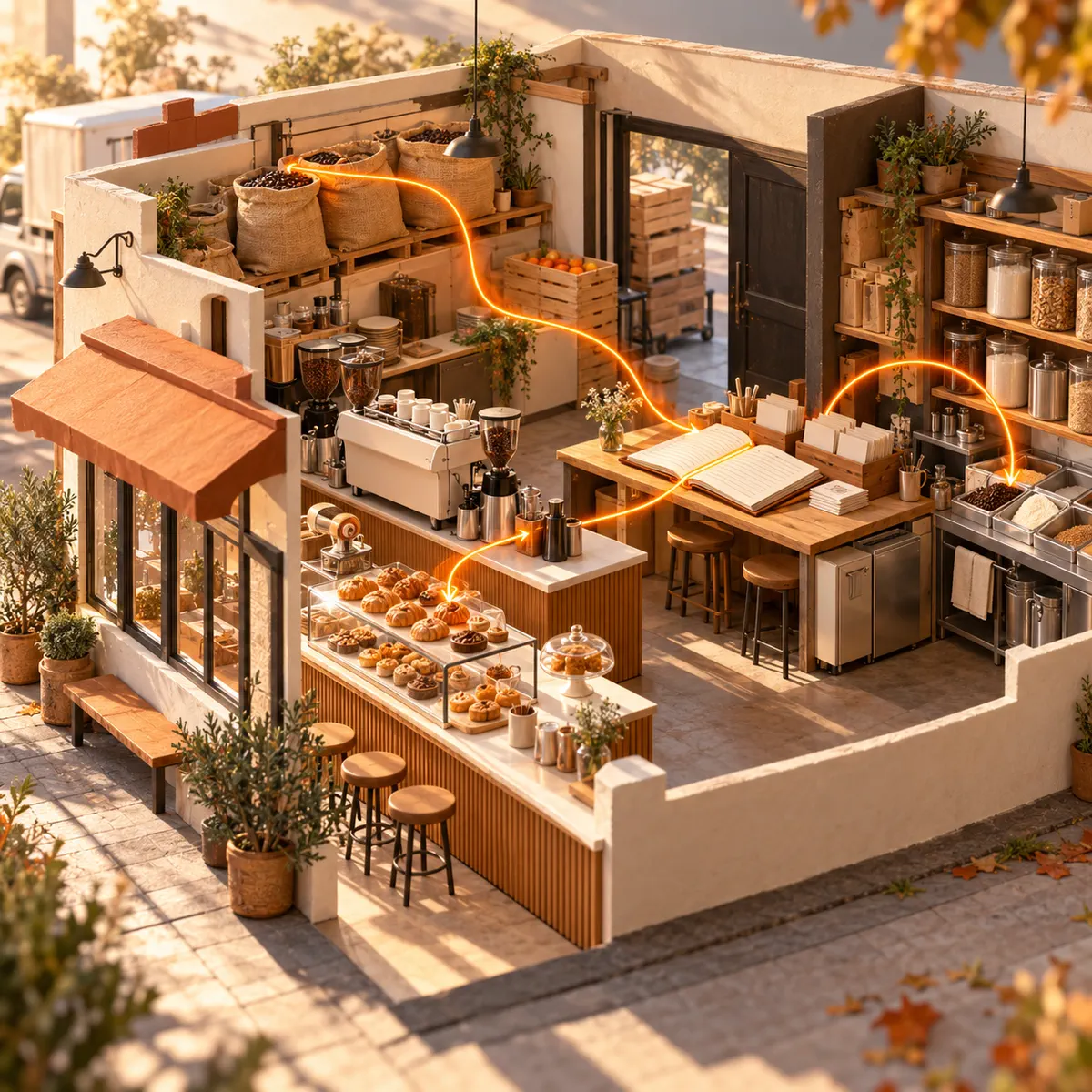 Isometric editorial cutaway of a neighborhood coffee shop with ingredient bins, delivery crates, a paper ledger, espresso bar, and orange recordkeeping paths.