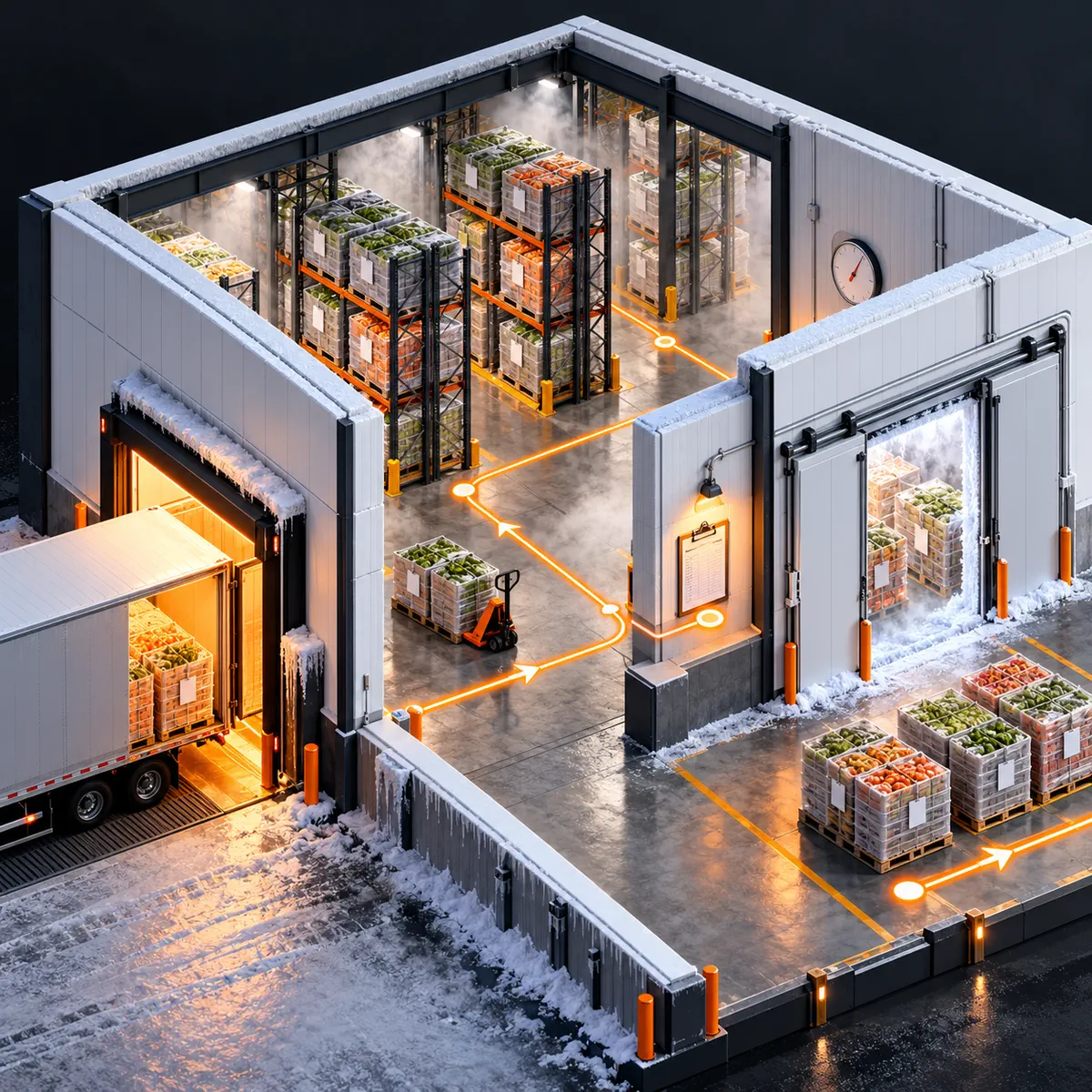 Isometric cutaway of an insulated cold-storage warehouse with pallet racks, produce crates, frosted doors, a temperature gauge, and orange lot-tracking routes.