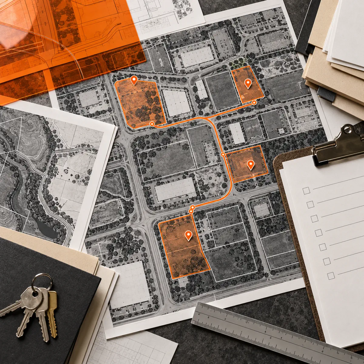 Top-down editorial flat lay of monochrome commercial property parcel maps, orange acetate deal routes, blank due-diligence clipboard, folders, and an unmarked scale ruler.