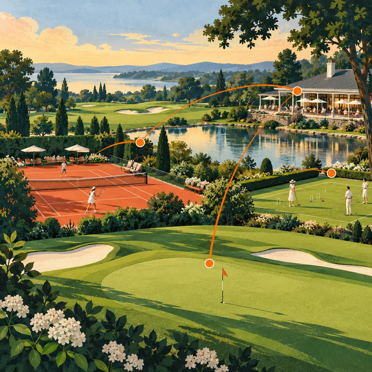 Illustrated country club grounds with a golf course, tennis court, croquet lawn, clubhouse terrace, and orange wayfinding arcs.
