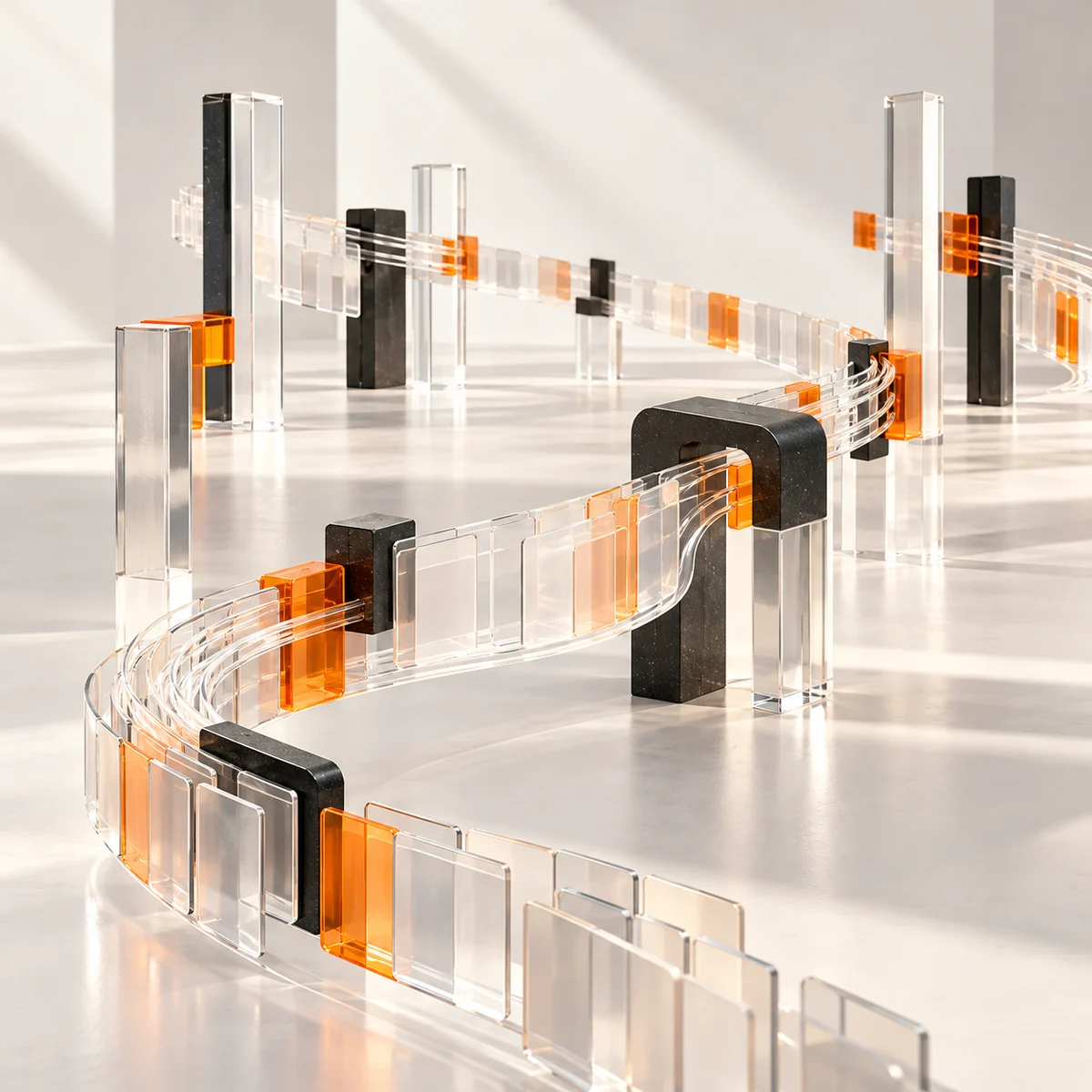 Sculptural clear acrylic data ribbons with orange and charcoal connectors flowing through a bright white gallery.