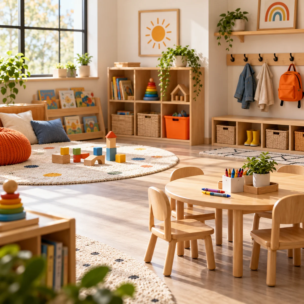 Sunlit, unoccupied daycare classroom with low cubbies, wooden blocks, a reading rug, and a bright orange storage bin.