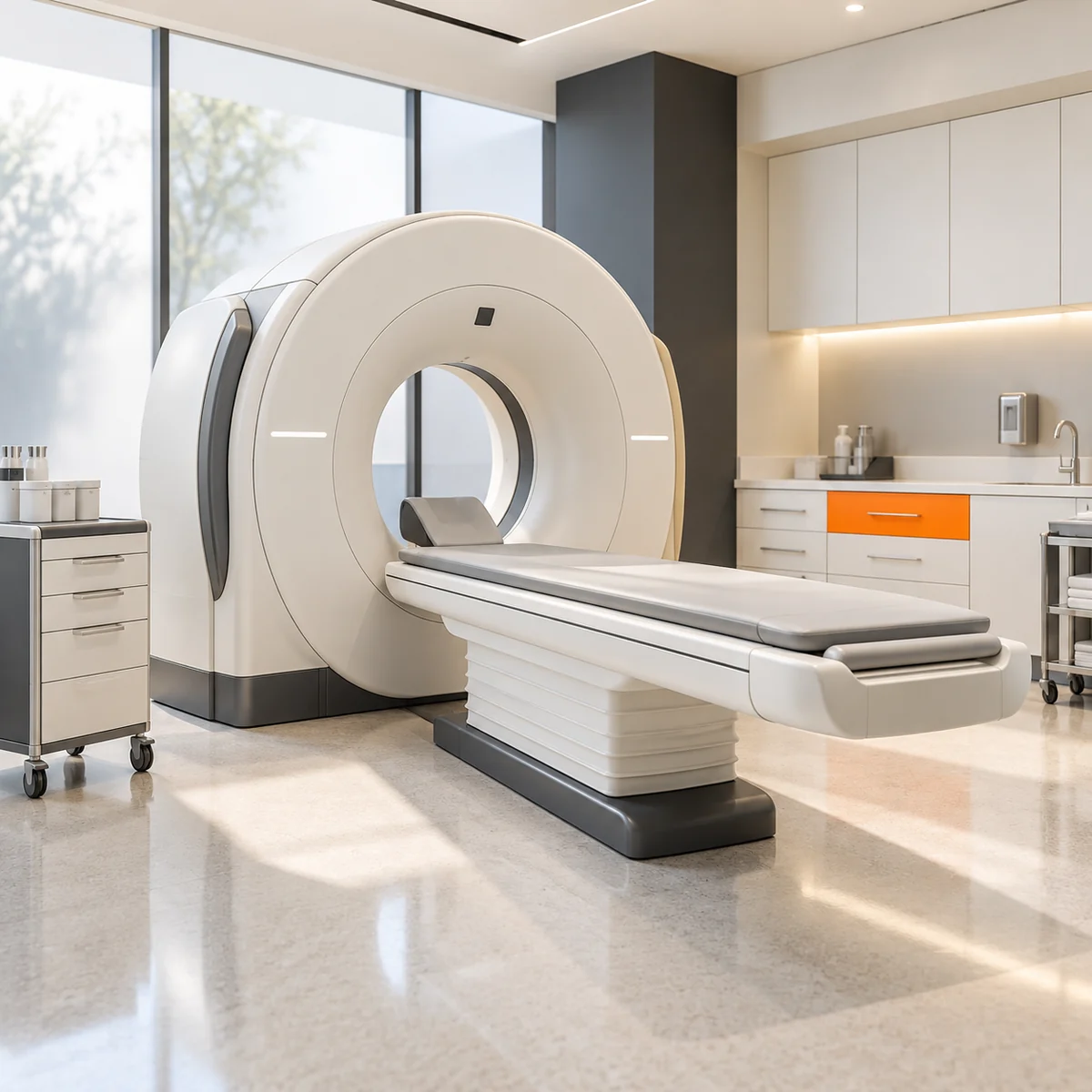 Empty diagnostic imaging suite diorama with a white CT scanner, equipment carts, and an orange supply drawer.