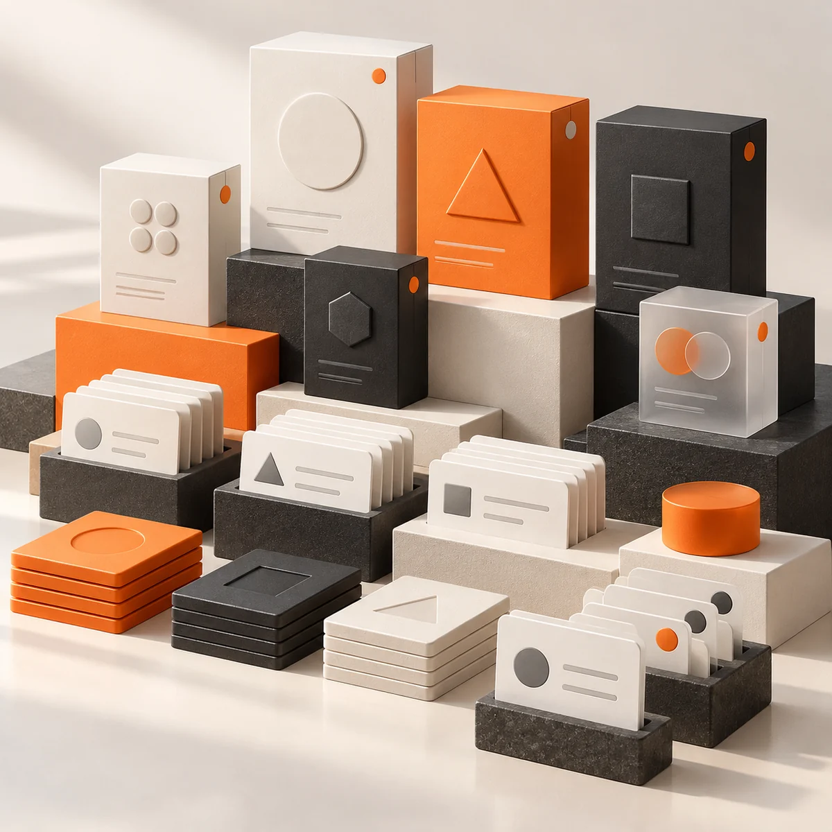 Sculptural geometric product catalog modules and blank cards arranged in Tranki orange, ivory, and charcoal.