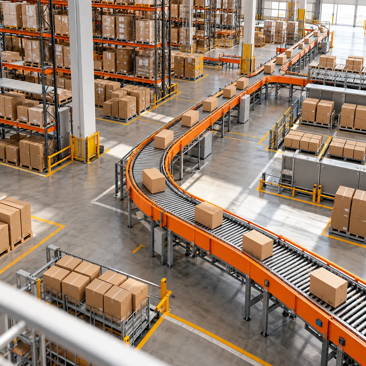 Overhead view of an orderly distribution center with orange conveyor belts, gray storage racks, and unmarked cartons.