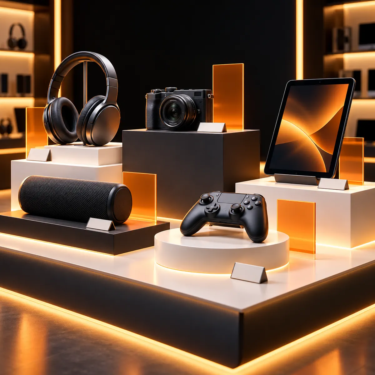 A premium electronics retail display with headphones, a camera, tablet, speaker, and controller on black and white plinths with abstract orange inventory cards.
