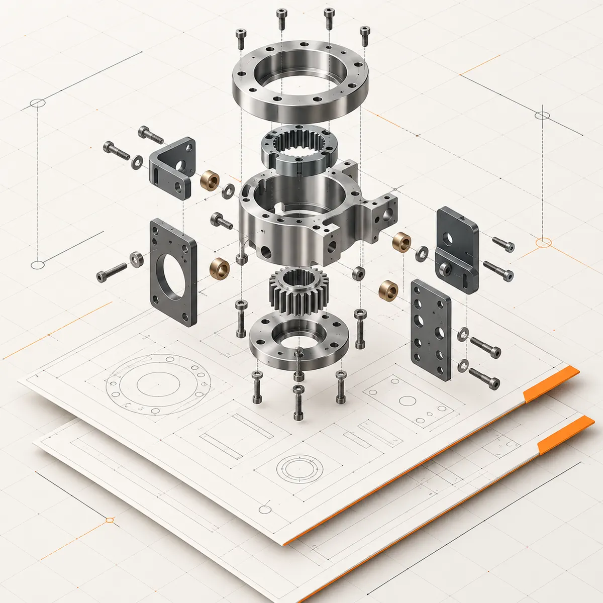 An exploded isometric mechanical assembly above layered technical drawings with orange revision tabs and charcoal datum lines.