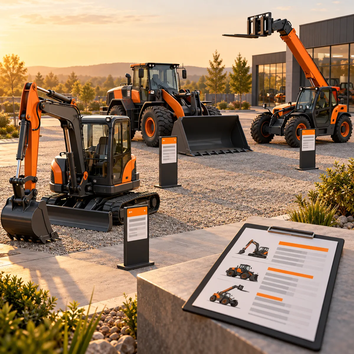 An outdoor equipment dealership lot displaying a compact excavator, wheel loader, and telehandler beside blank orange-accented inventory cards.